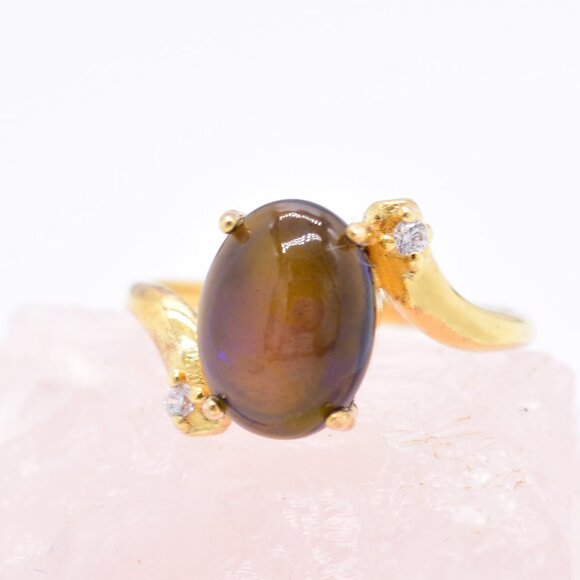 Vintage-Inspired Gold-Plated .925 Sterling Silver Genuine Black Opal Ring - Picture 3 of 5